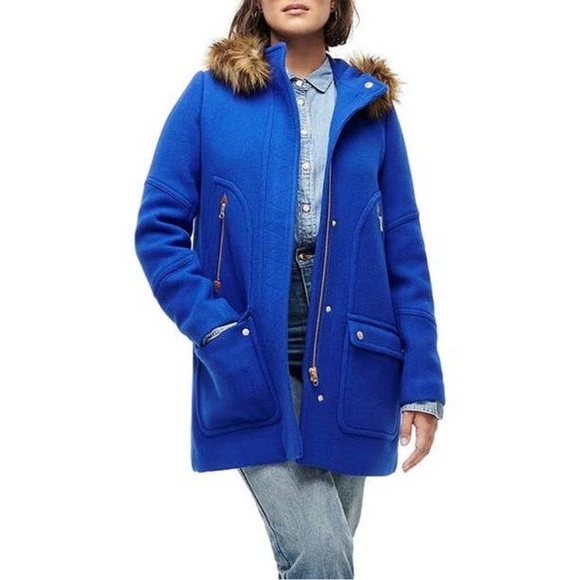 J. Crew Chateau Italian Stadium Cloth Wool Fur Parka Regal Brunswick Blue Size 2 - Picture 3 of 16